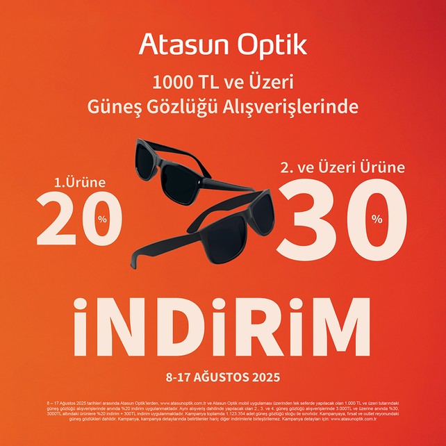 1. ürüne %20, 2. ve üzeri ürünlerde %30 indirim Atasun Optik’te!